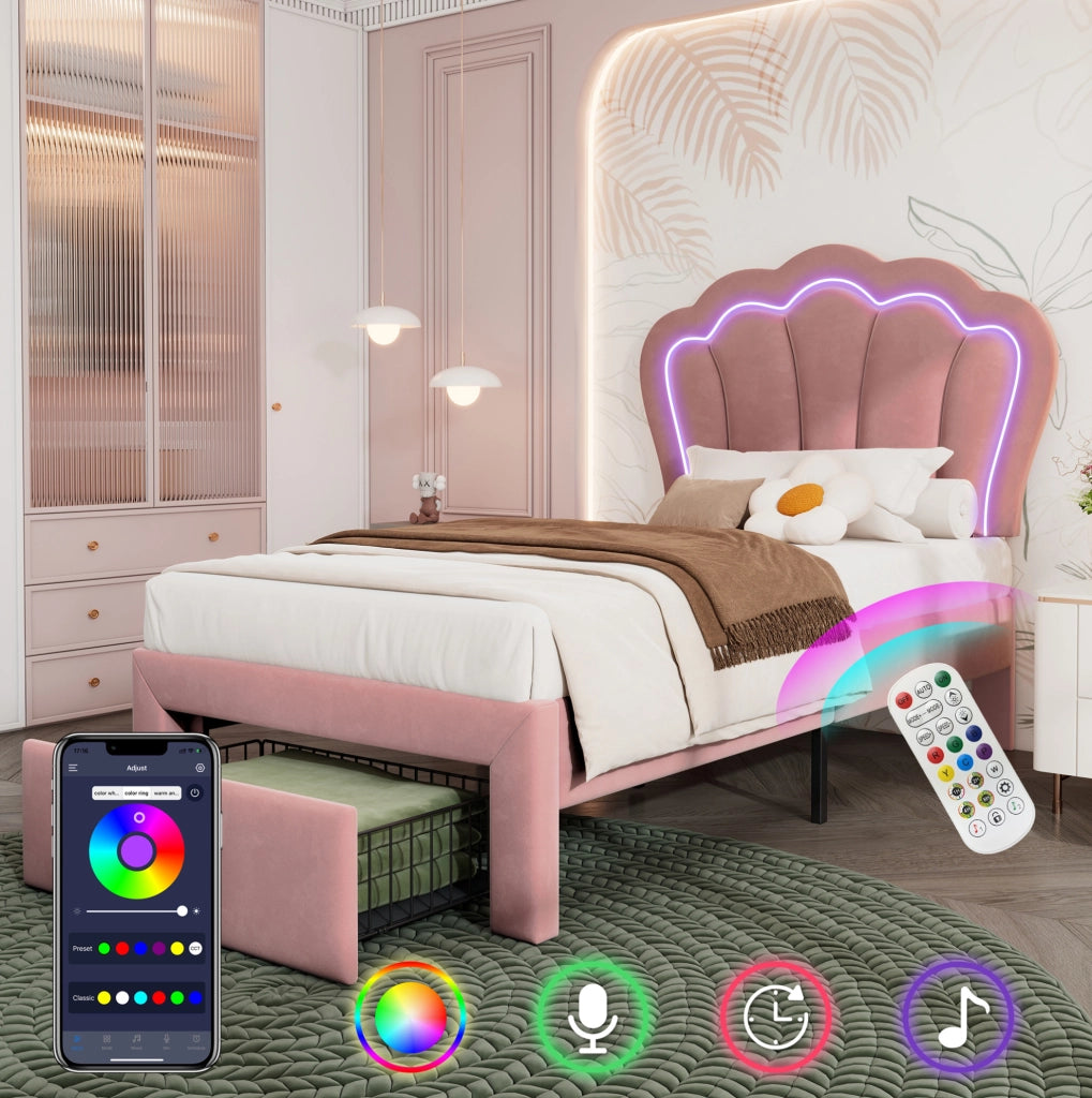 Letto singolo 90x190 cm rosa con LED RGB e cassetto estraibile