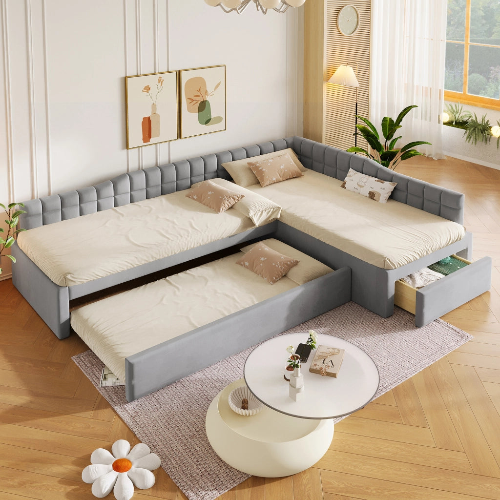 Letto imbottito a L 90x200 cm in velluto grigio con letto estraibile