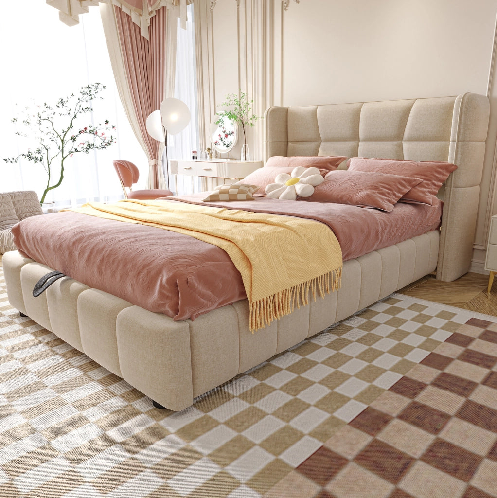 Letto imbottito 90x200 cm beige con contenitore e sollevamento
