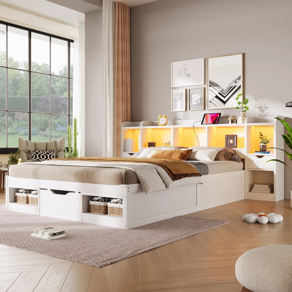 Letto contenitore 140x200 cm con testiera libreria, cassetti, LED e presa USB, bianco