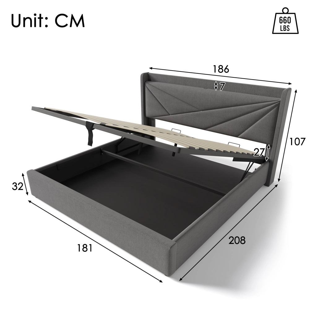 Letto matrimoniale con contenitore 180x200 cm; testiera con USB e Type-C; grigio