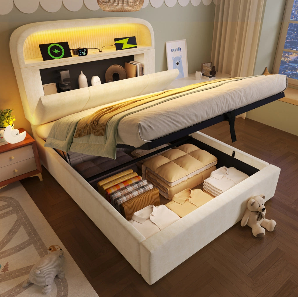 Letto singolo contenitore 90x200 cm beige con LED, USB e materasso