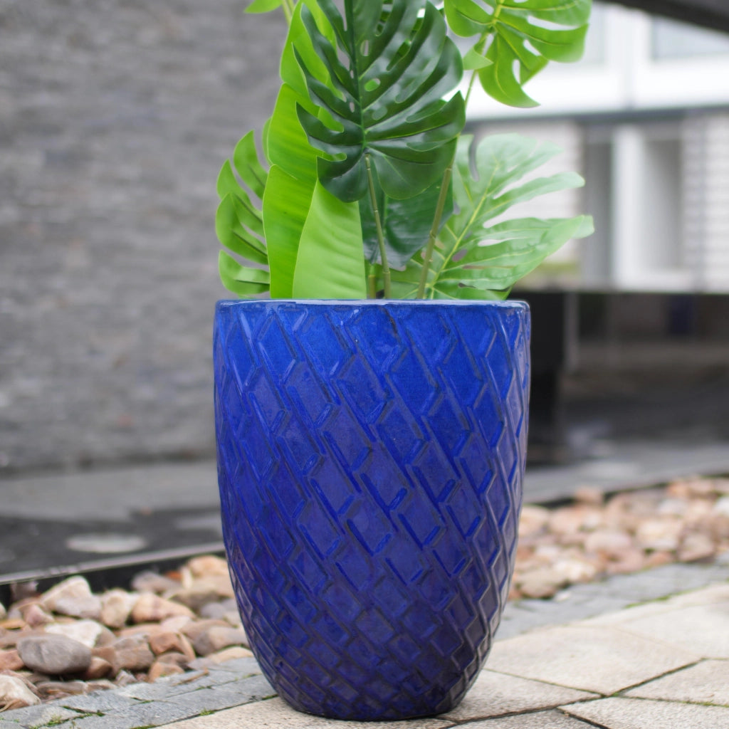 Vaso da fiori artigianale in ceramica blu navy con motivo a rombi per piante grandi da interno ed esterno 42 × 54 cm