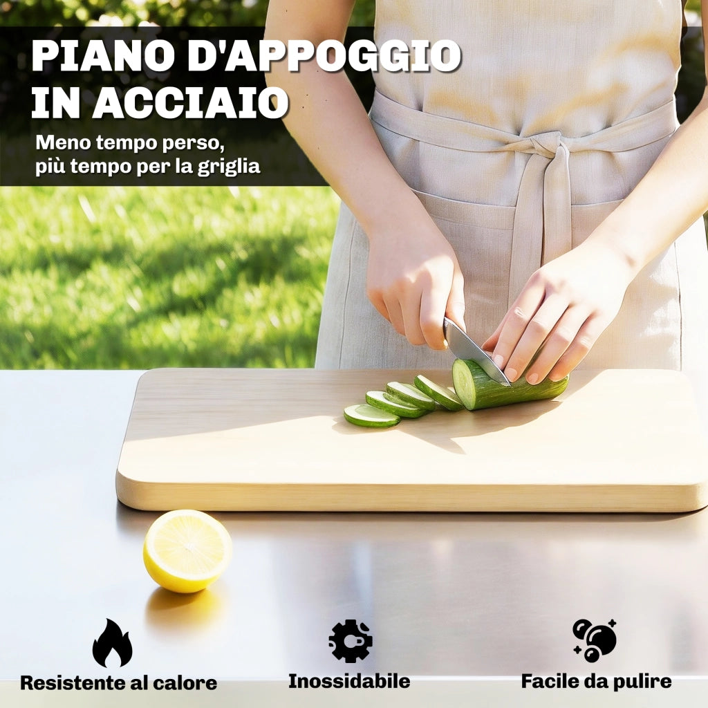 Carrello Barbecue da Esterno per Giardino, Tavolo Cucina con Piano in Acciaio Inox, 3 Ripiani, Ganci e Porta Spezie, Nero, Robusto e Pratico
