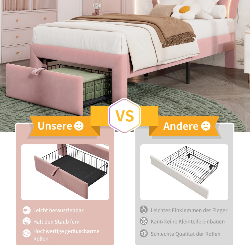 Letto singolo 90x190 cm rosa con LED RGB e cassetto estraibile