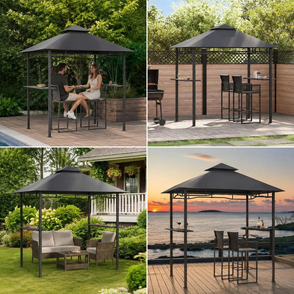 Grill Gazebo With Double Layer Roof And Bar Counters, Steel Frame Outdoor Shelter For Garden Patio Balcony, 240x150x255 Cm