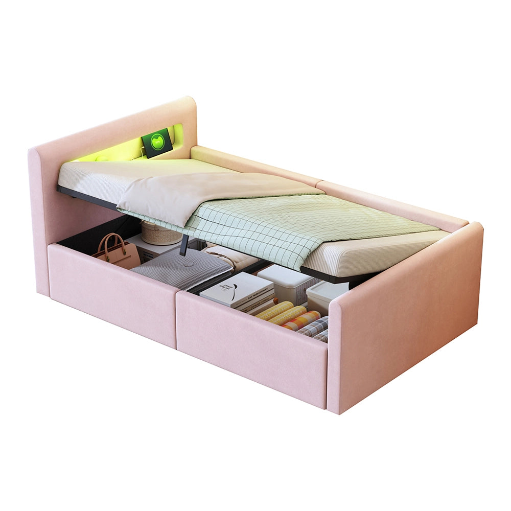 Letto bambino-Xylo-90x200 cm-LED, USB, idraulico, velluto rosa