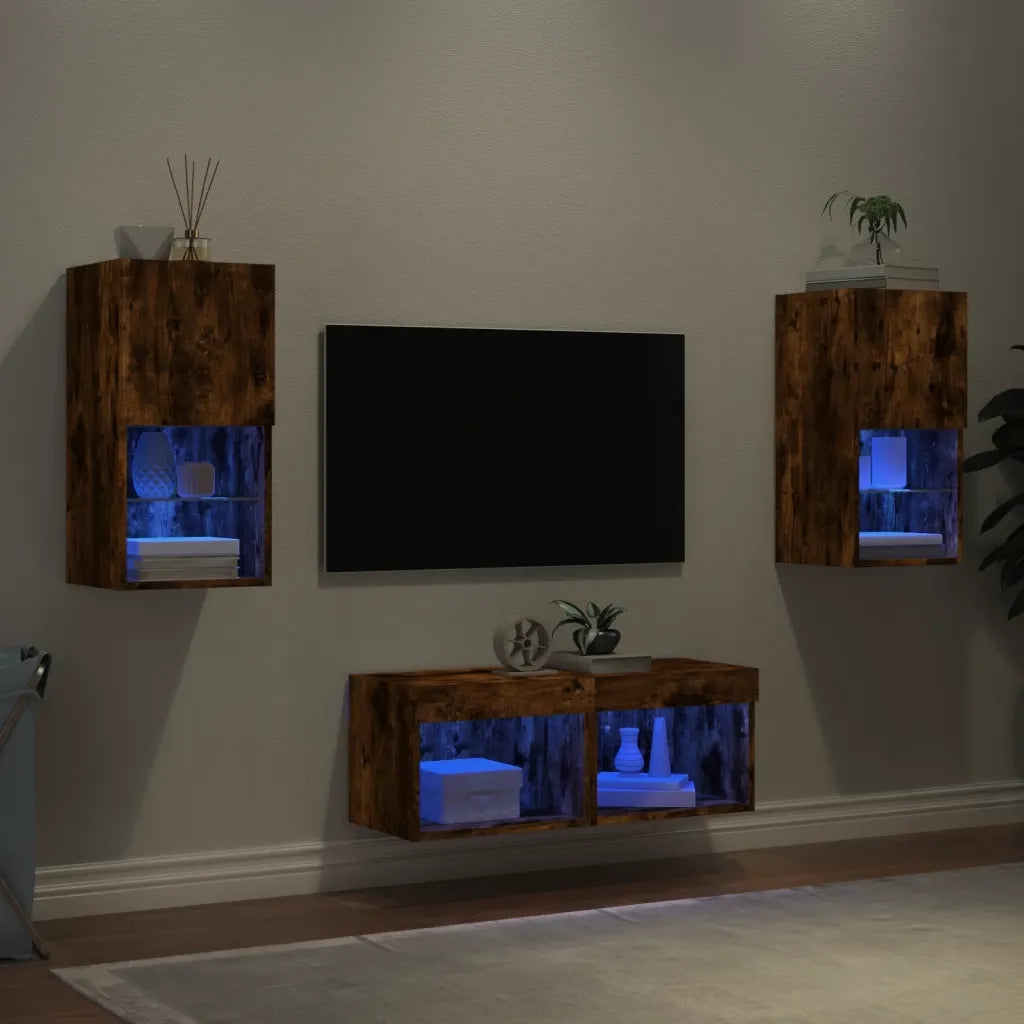 Mobili TV a Muro 4pz | Armadietto TV | Mobile Porta TV con Luci LED Rovere Fumo