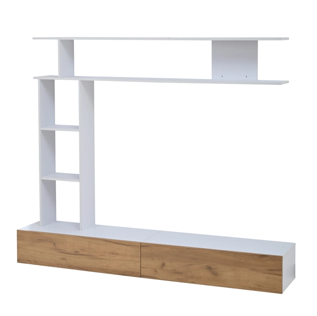 Set mobile TV con 2 ante e vani aperti; 180 cm; bianco e rovere