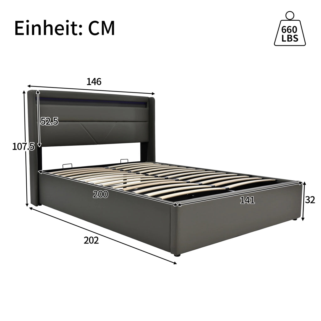 Letto imbottito 140x200 cm con contenitore, LED in PU grigio