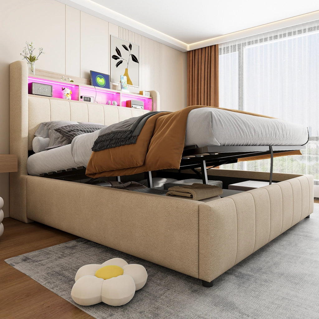 Letto matrimoniale imbottito 140 × 200 cm contenitore con LED USB e USB-C testiera con ripiani tessuto di lino beige