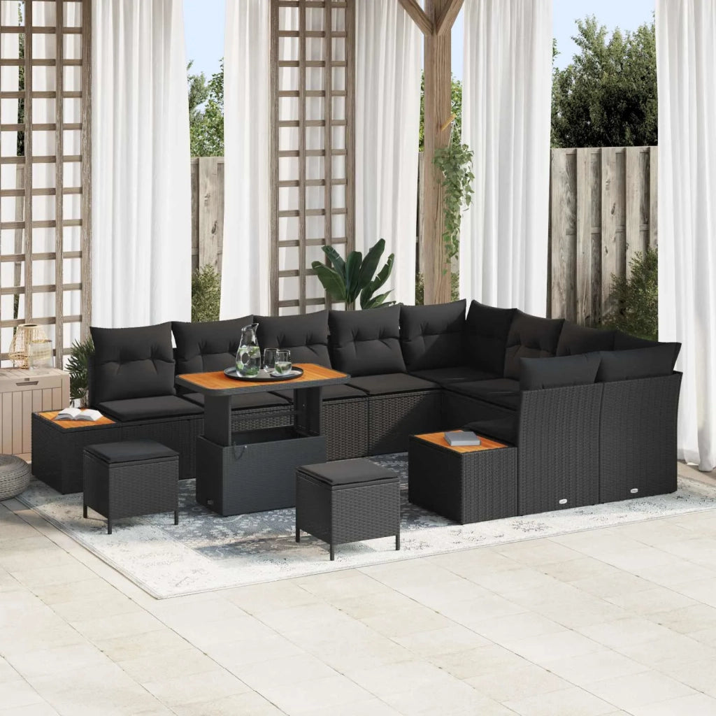 Set Divano da Giardino con cuscino 12 pcs Nero Poly Rattan