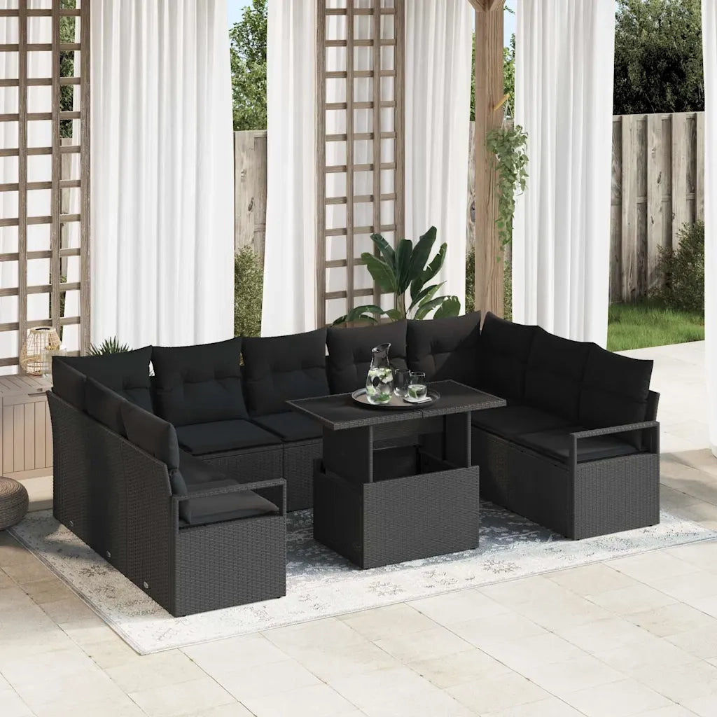 Set Divano da Giardino 10 pcs Nero Poly Rattan