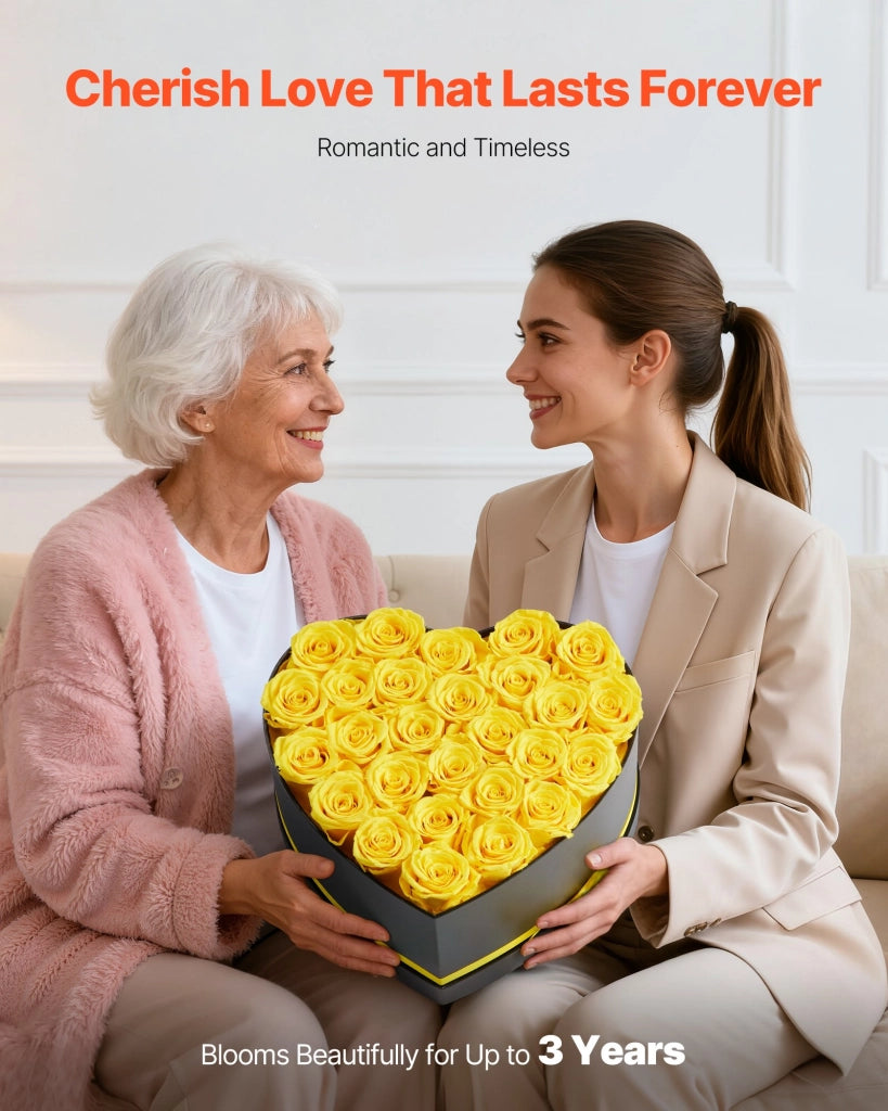 Bouquet di Fiori Eterni con 27 Rose Stabilizzate Heart-27S Scatola a Cuore Giallo per Decorazione Casa