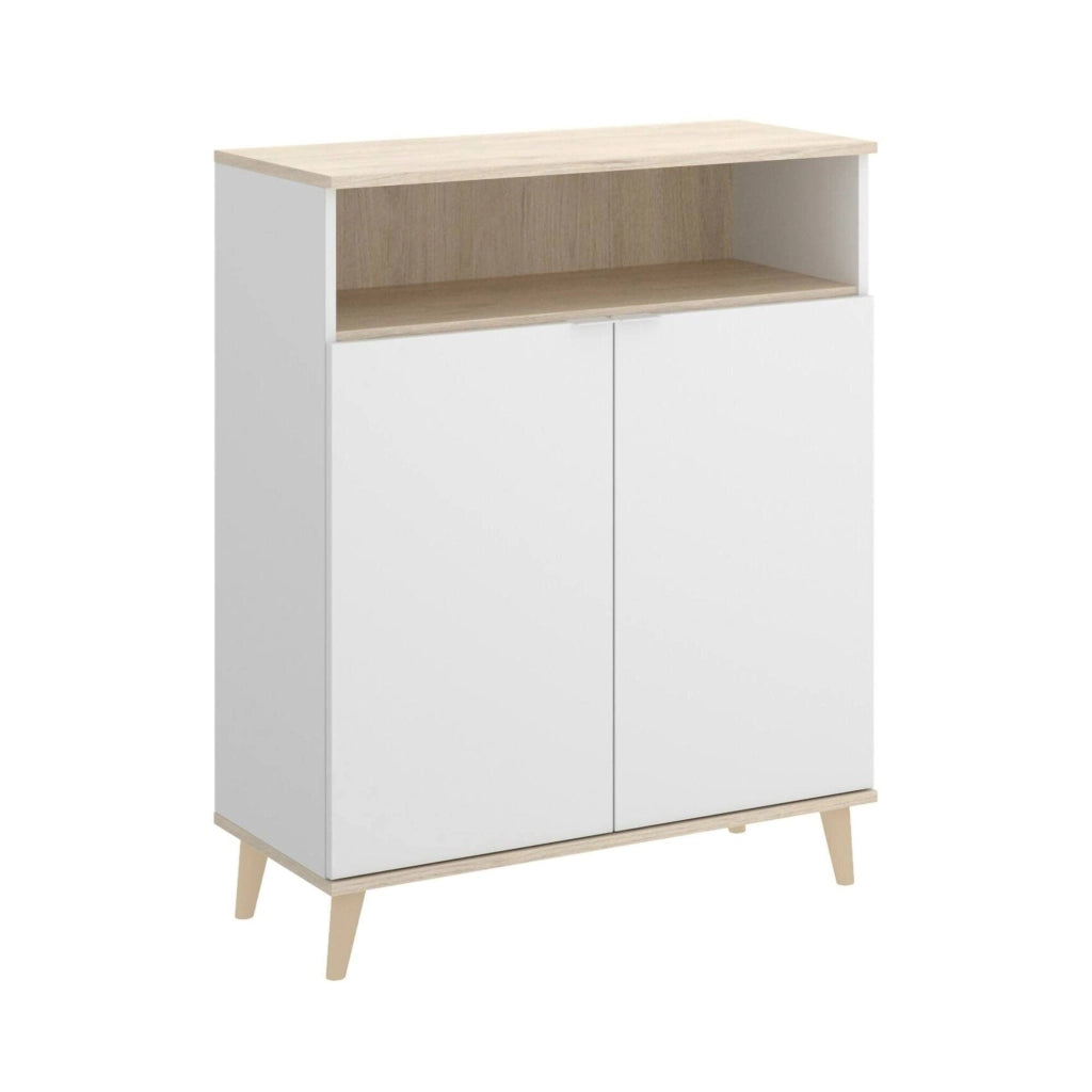 Credenza Altai, Buffet dispensa da soggiorno, Madia da salotto moderna a 2 ante, 80x40h102 cm, Bianco e Rovere