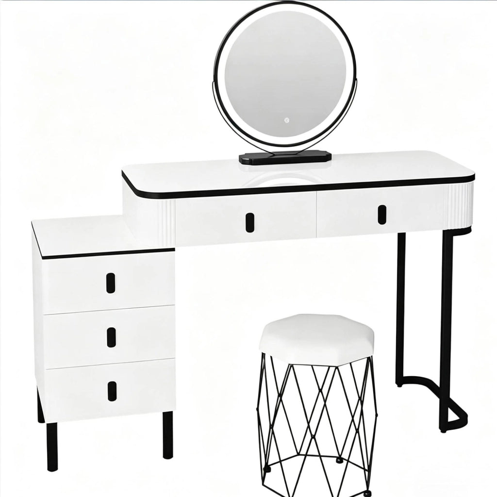 Tavolo da Trucco con Specchio LED Dimmerabile e Sgabello in Velluto Bianco e Nero