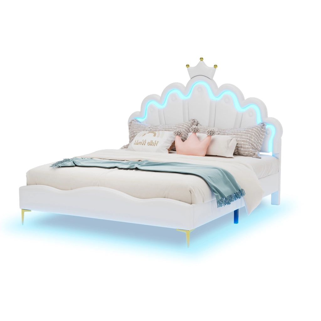 Crown Shape Princess Double Bed 140x200cm con strisce LED in PU bianca