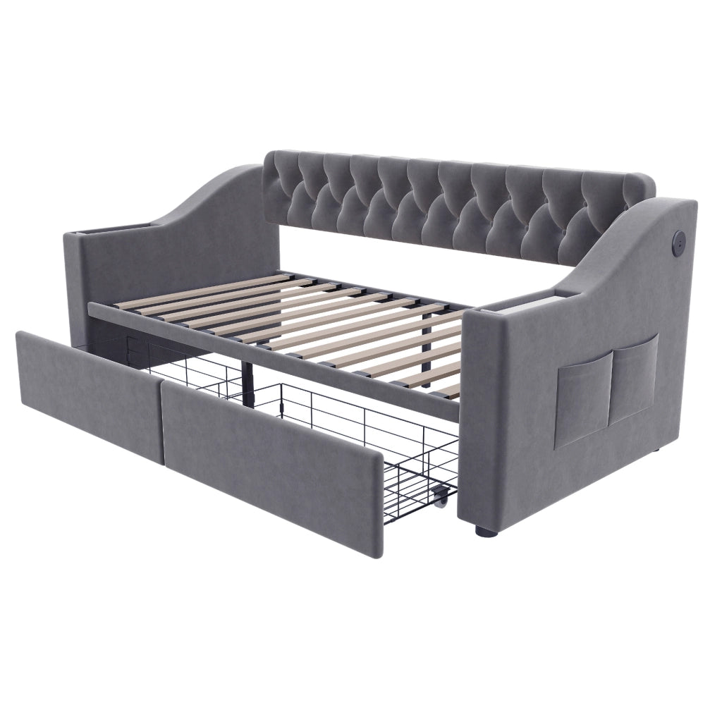 Divano letto singolo 90x190 cm in velluto grigio con cassetti e porte USB