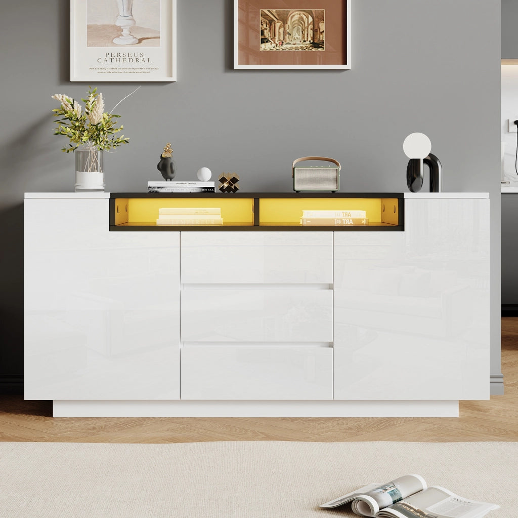 Mobile soggiorno bianco e nero 140x40x68 cm con 2 ante a L, 3 cassetti, ripiani regolabili e illuminazione LED