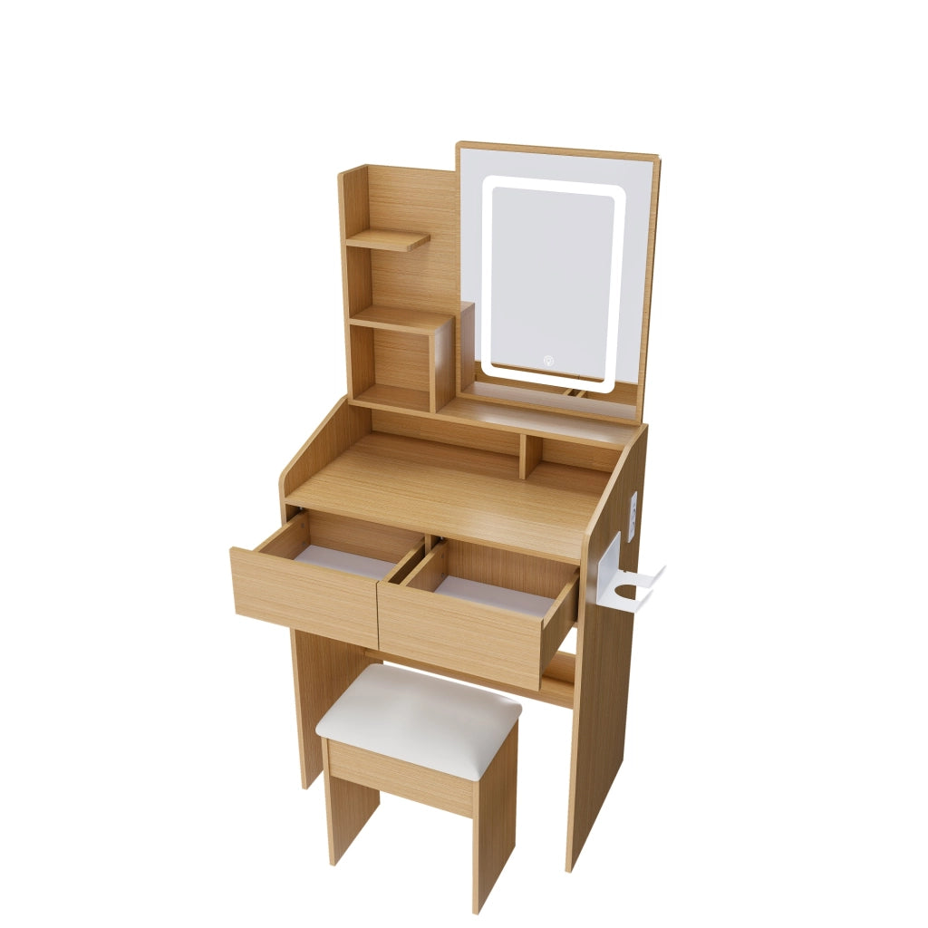 Toeletta con 2 cassetti; specchio LED e porta phon - per camera da letto - 60×36×130 cm