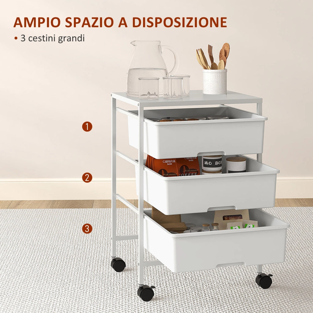 Carrello Multiuso con 3 Cestini ¨C Minimal ¨C Acciaio e PP, Bianco