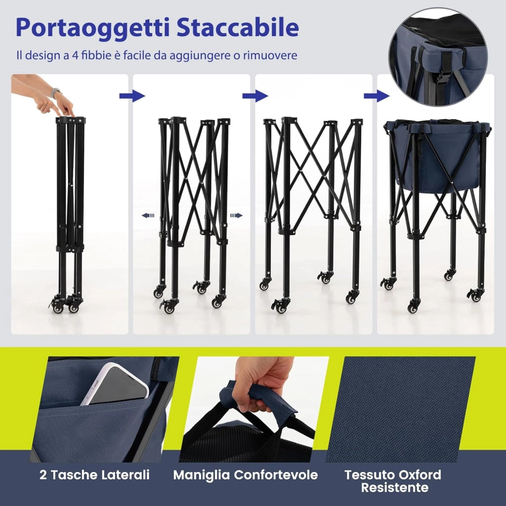 Carrello Porta Palline da Tennis, Carrello da Tennis Pieghevole in Alluminio con Ruote Frenate, Borsa Rimovibile Tasche Laterali, Borsa per Il Trasporto, Max 150 Palline Tennis