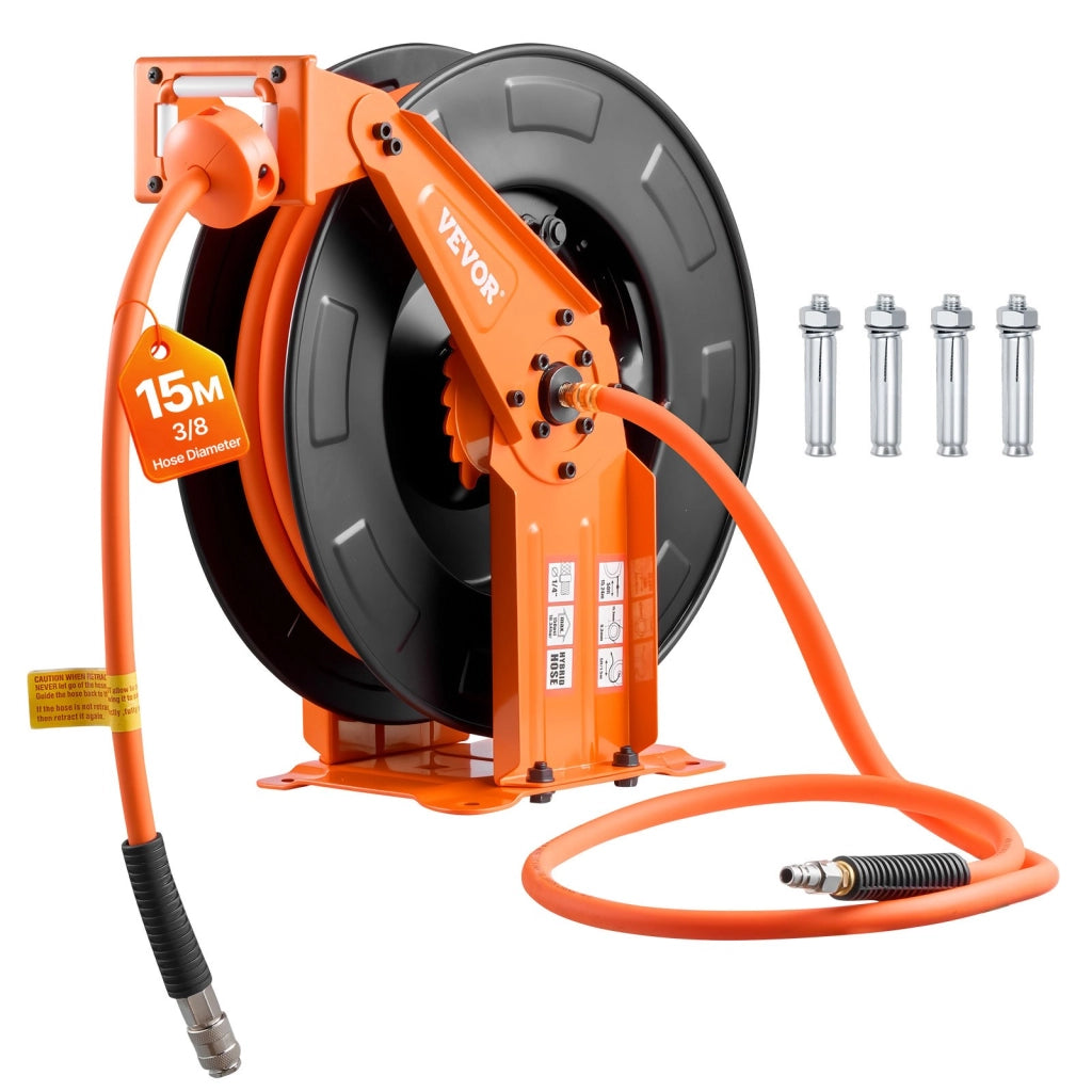 Avvolgitubo pneumatico automatico 15 m x 9,5 mm NTS-A15B con doppio braccio in acciaio tubo aria compressa 300 PSI per officina e fai da te