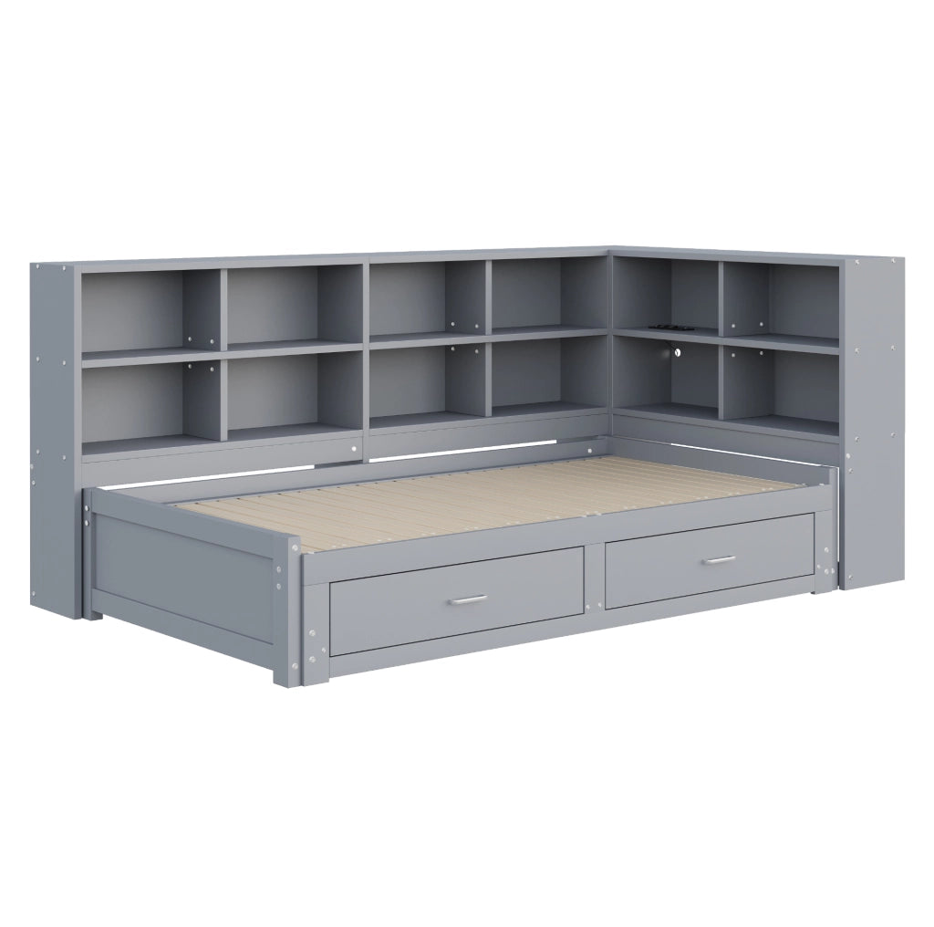 Letto estraibile in legno massiccio 90/180 x 190 cm con spazio contenitivo, presa elettrica multifunzione e cassetti, colore grigio