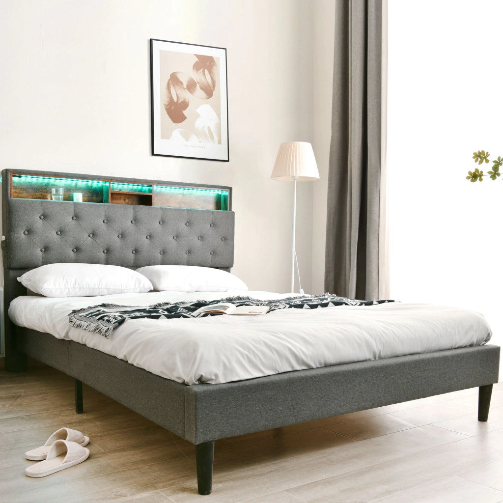 Letto imbottito grigio 140x200 con testiera contenitore