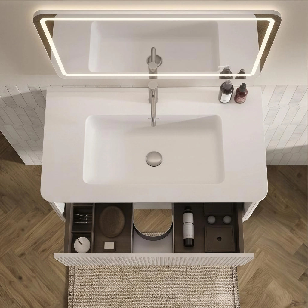 Set mobile bagno sospeso con lavabo, colonna laterale e specchio LED
