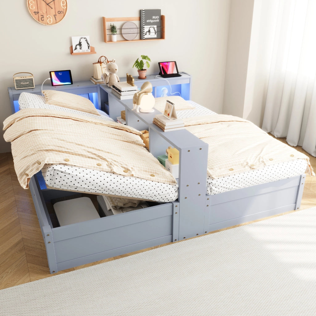 Letto multifunzionale 90/180x200 cm con contenitore idraulico, LED e prese, grigio