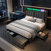Letto 180x200 cm con LED, USB e USB-C, 4 cassetti in cotone-lino grigio