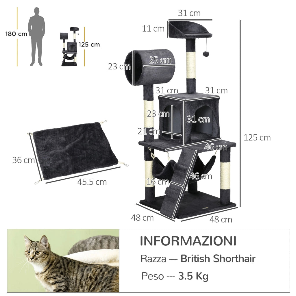 Albero per Gatti con Tiragraffi 48x48x125 cm Casetta Amaca Letto e Tunnel in Truciolato Peluche e Sisal Grigio
