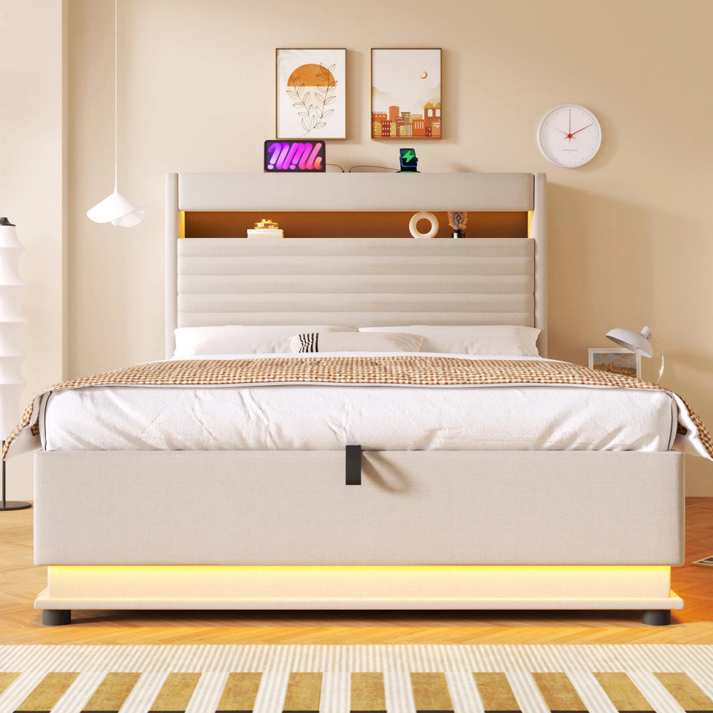 Letto contenitore 140 × 200 cm con LED USB e USB Type-C testiera imbottita in lino beige
