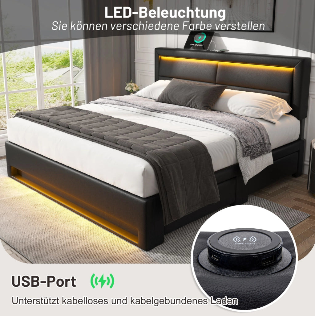 Letto imbottito 140x200 cm in PU nero con USB; LED e 4 cassetti