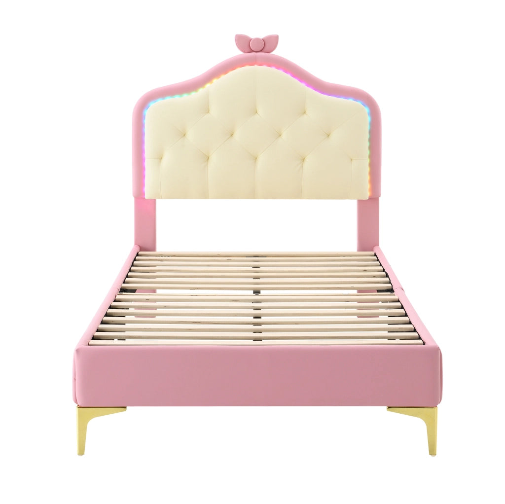 Letto singolo imbottito 90x200 cm con LED multicolore; testiera ondulata in PU rosa e bianco