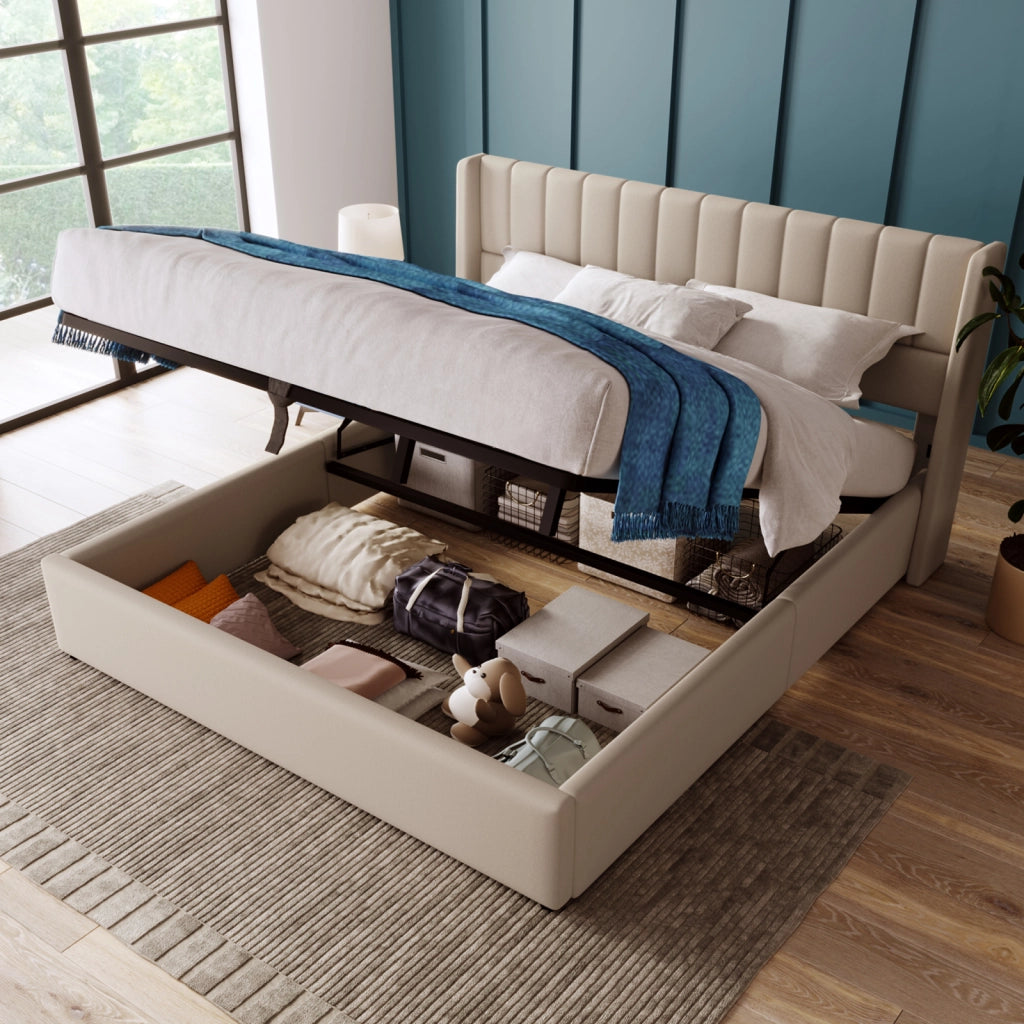 Letto matrimoniale contenitore 160x200 cm con testiera imbottita rete a doghe sollevabile e rivestimento a righe verticali in lino beige