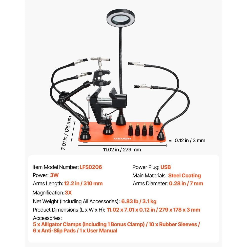 Soldering Aid Third Hand, Magnetic Soldering Station, 4-arm Hand Tool, With Vise, 3x LED Magnifying Lamp, 4 Circuit Board Holders And 360-degree Hot Air Gun Holder