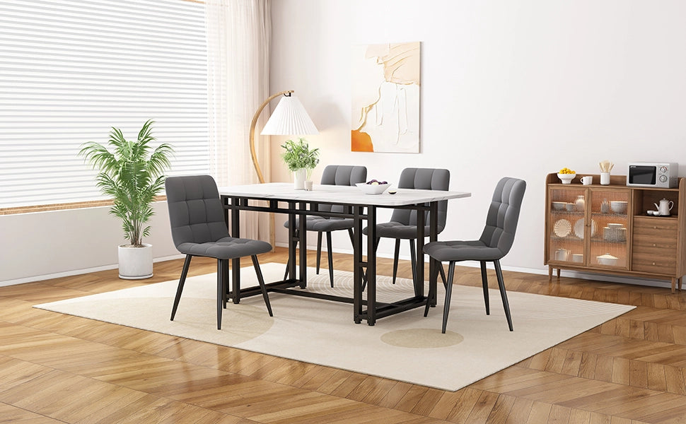 Set tavolo 120 x 70 cm + 4 sedie, piano in MDF, piedini in metallo nero, sedute in velluto grigio, sala da pranzo
