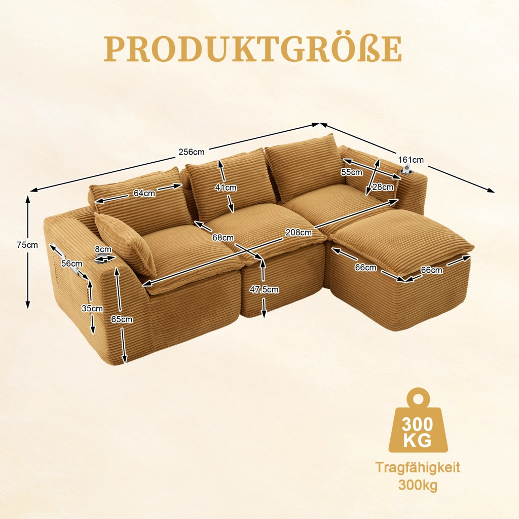 Divano modulare con pouf cuscini e tasche laterali in velluto a coste arancione 256 × 161 × 75 cm
