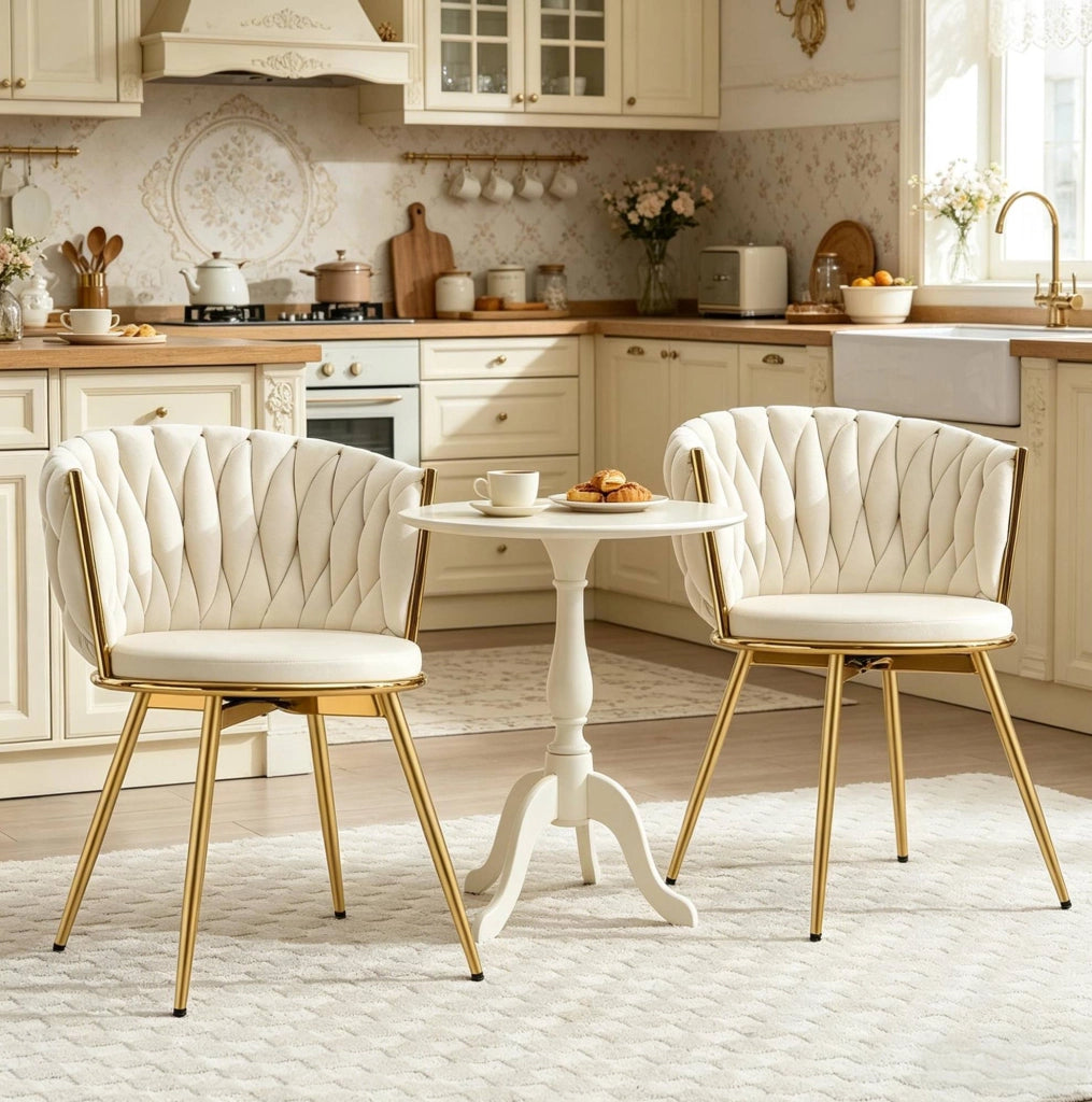 Sedia da pranzo girevole beige, schienale imbottito, set da 2