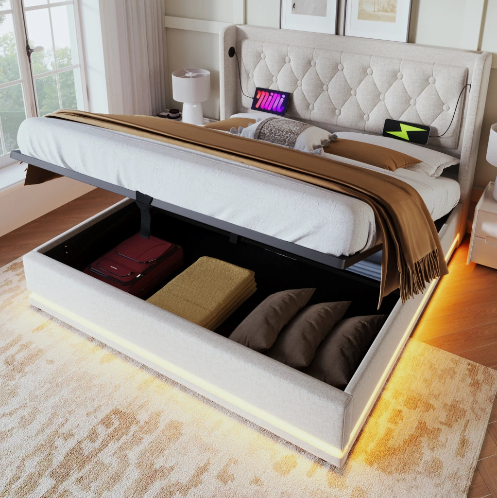 Letto matrimoniale con contenitore 160x200 cm in cotone beige; testiera con USB e Type-C; LED