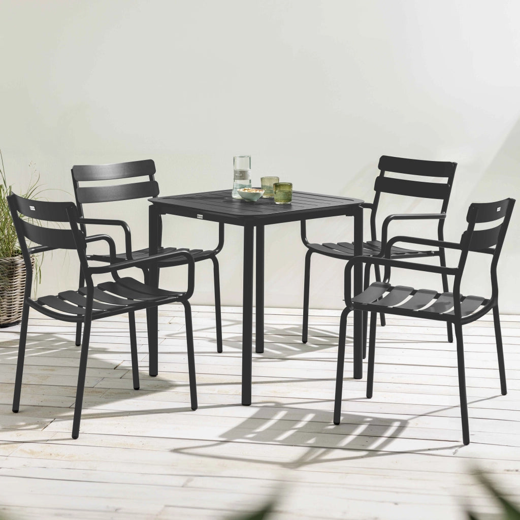 Oviala - Tavolo quadrato da terrazza (70 x 70 cm) e 4 poltrone nere