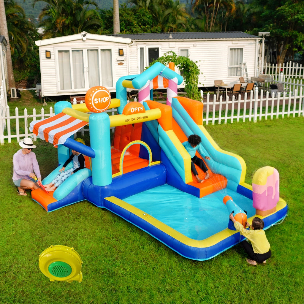 Castello Gonfiabile per Bambini con Ventilatore 450W, Parco Acquatico Multifunzione Esterno con Trampolino, Scivolo d'Acqua, Mini Scivolo, Fontana e Pistole ad Acqua