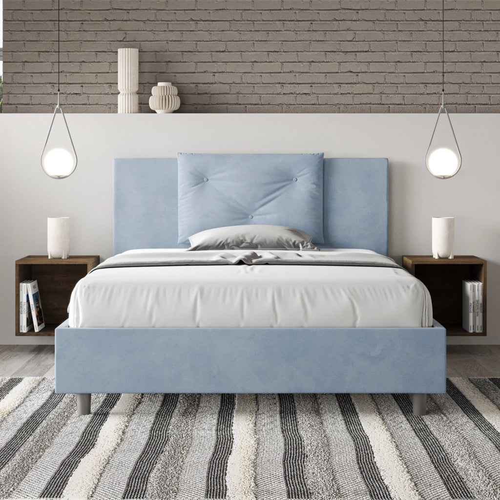 BS COM Letto queen size senza rete imbottito 150x200 microfibra azzurro