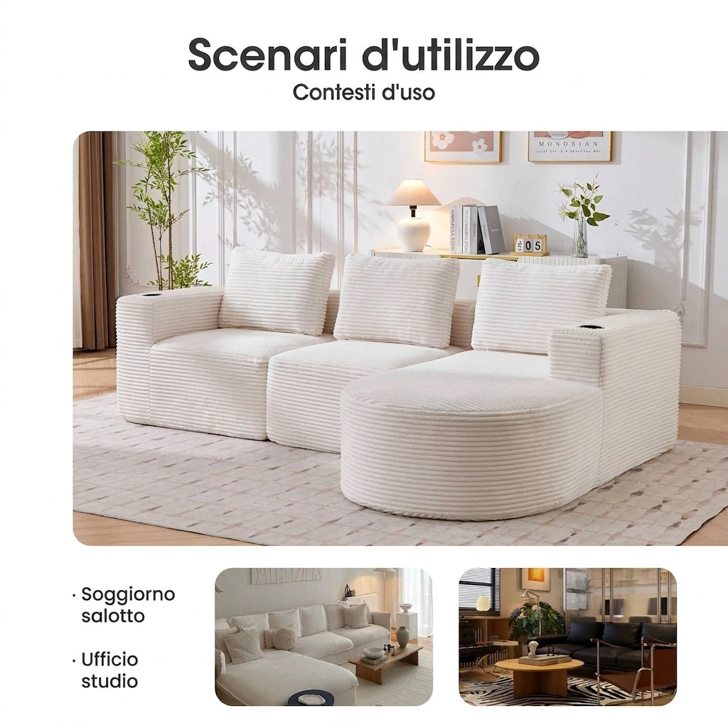 Divano 2 posti beige in velluto a coste 265 cm con portabicchieri e cuscini
