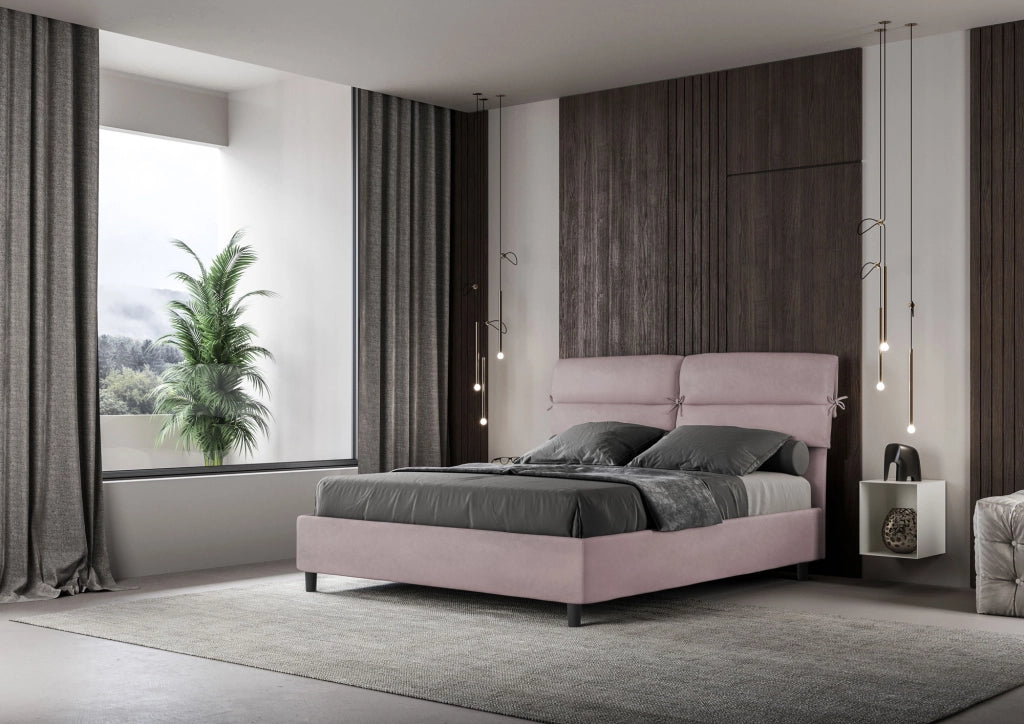 Letto Matrimoniale 160x200 cm con Rete e Contenitore con Testata e Alzata Comoda Imbottito in Microfibra Nandy Glicine
