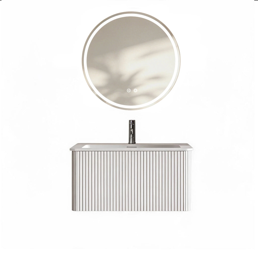 Mobile bagno sospeso con lavabo integrato e specchio LED regolabile antiappannamento in MDF e compensato bianco