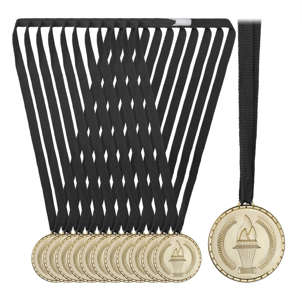 Set di 12 medaglie d'oro in plastica per bambini con nastro nero motivo torcia per premi scolastici e sport 13_0013069