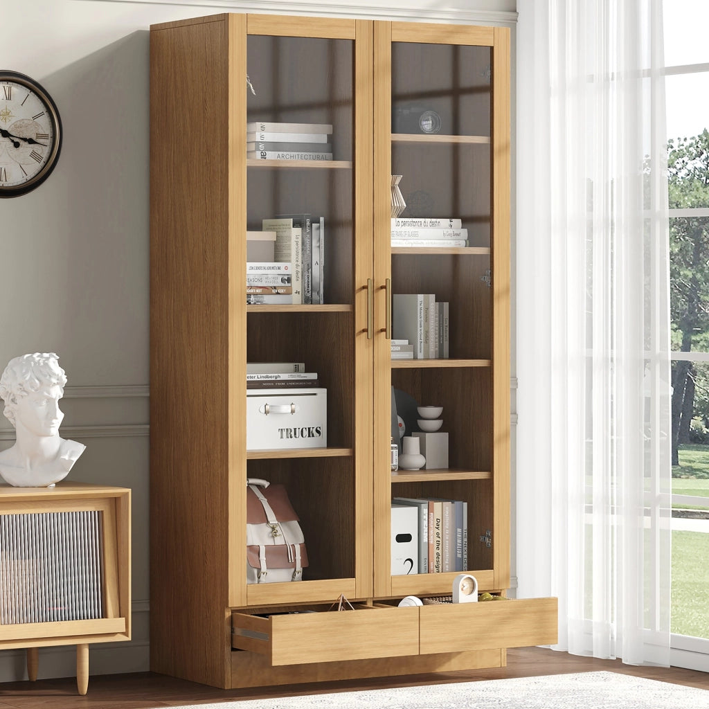 Vetrina, schedario, ante in vetro, 2 cassetti, 80 x 40 x 160 cm, colore legno naturale